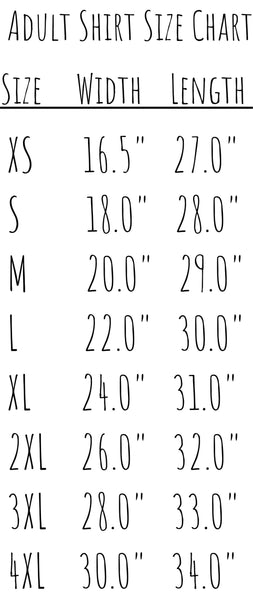 Theba Outfitters Adult Shirt Size Chart