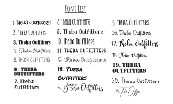 Custom Order Design Font List Theba Outfitters