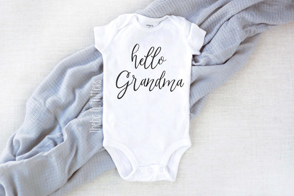 Hello Grandma Pregnancy Announcement Baby Onesie Bodysuit infant newborn Theba Outfitters