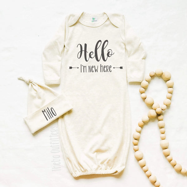 Hello I'm New Here Newborn Gown Set Knotted Hat Coming Home Outfit Infant Theba Outfitters