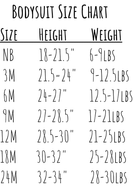 Theba Outfitters Bodysuit Onesie Size Chart