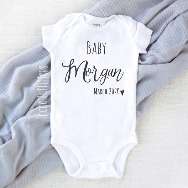 Baby 'Name' Personalized Pregnancy Announcement Onesie Bodysuit Newborn Theba Outfitters