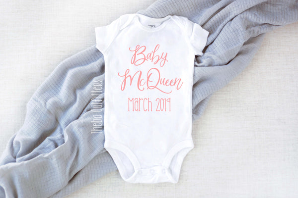 Baby 'Name' Personalized Pregnancy Announcement Onesie Bodysuit Newborn Theba Outfitters