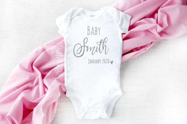 Baby 'Name' Personalized Pregnancy Announcement Onesie Bodysuit Newborn Theba Outfitters