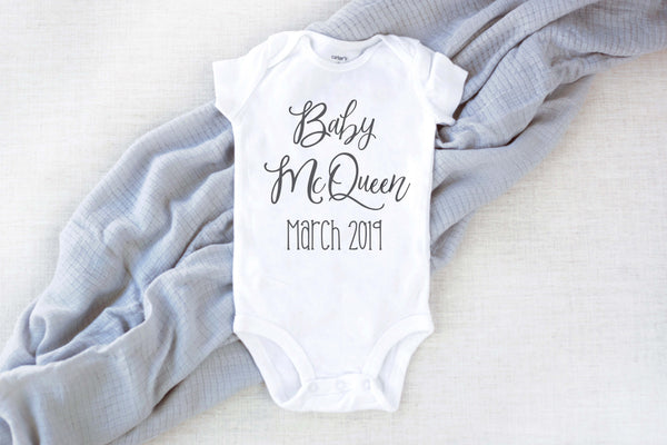 Baby 'Name' Personalized Pregnancy Announcement Onesie Bodysuit Newborn Theba Outfitters