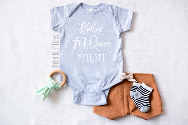 Baby 'Name' Personalized Pregnancy Announcement Onesie Bodysuit Newborn Theba Outfitters  