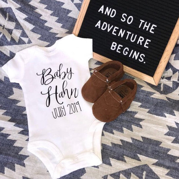 Baby 'Name' Personalized Pregnancy Announcement Onesie Bodysuit Newborn Theba Outfitters