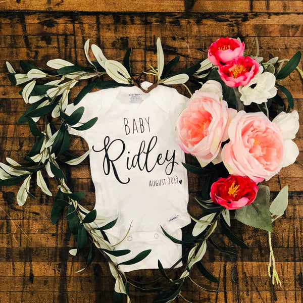 Baby 'Name' Personalized Pregnancy Announcement Onesie Bodysuit Newborn Theba Outfitters