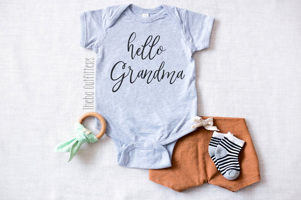 Hello Grandma Pregnancy Announcement Baby Onesie Bodysuit infant newborn Theba Outfitters