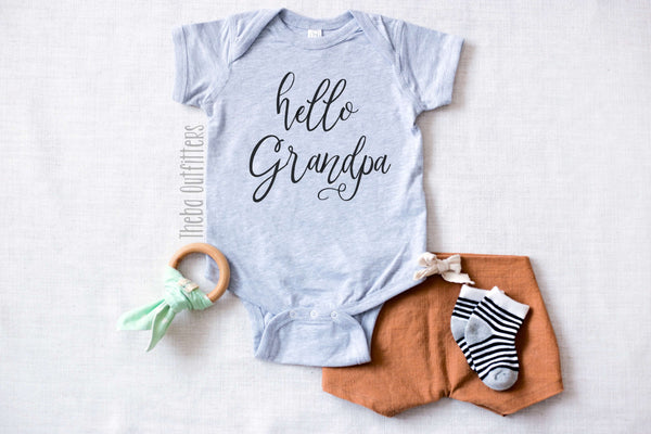 Hello Grandpa Pregnancy Announcement Baby Onesie Bodysuit infant newborn Theba Outfitters