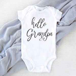 Hello Grandpa Pregnancy Announcement Baby Onesie Bodysuit infant newborn Theba Outfitters