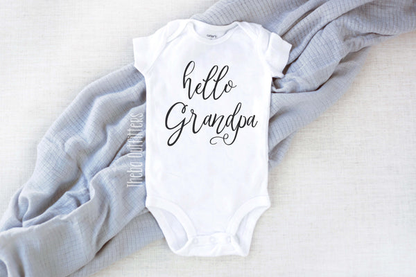 Hello Grandpa Pregnancy Announcement Baby Onesie Bodysuit infant newborn Theba Outfitters