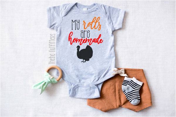 'My Rolls are Homemade' Onesie Thanksgiving Bodysuit Tee Shirt Infant Baby Toddler Theba Outfitters
