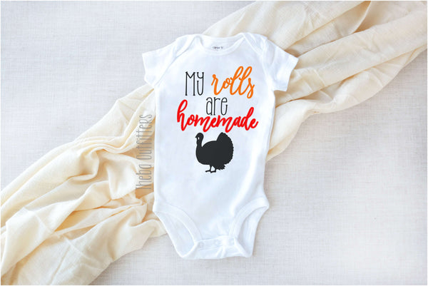 'My Rolls are Homemade' Onesie Thanksgiving Bodysuit Tee Shirt Infant Baby Toddler Theba Outfitters