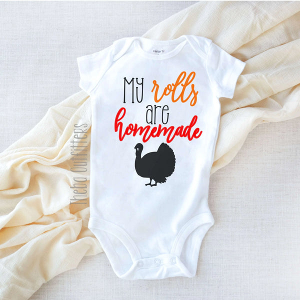 'My Rolls are Homemade' Onesie Thanksgiving Bodysuit Tee Shirt Infant Baby Toddler Theba Outfitters