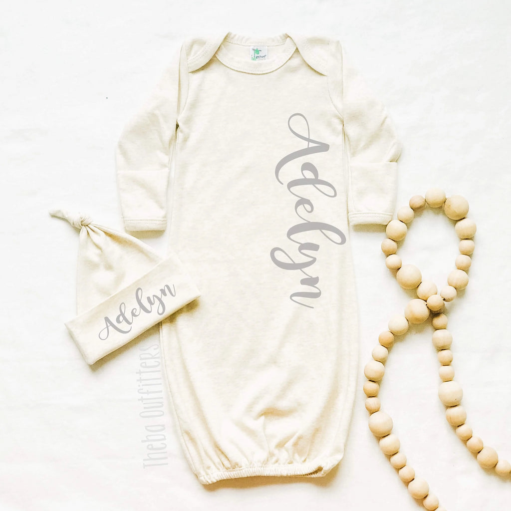Baby Girl Personalized Knotted Gown, Bamboo Newborn Baby Girl Outfit, –  Squishy Cheeks