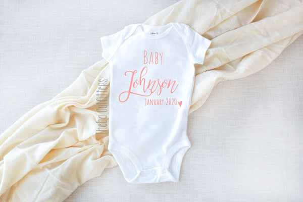 Baby 'Name' Personalized Pregnancy Announcement Onesie Bodysuit Newborn Theba Outfitters  